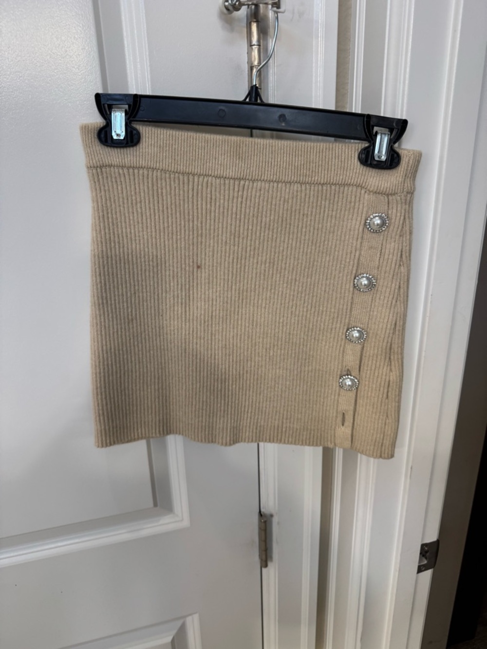 Stitches Tan Ribbed Knit Mini Skirt with Pearl-Style Buttons